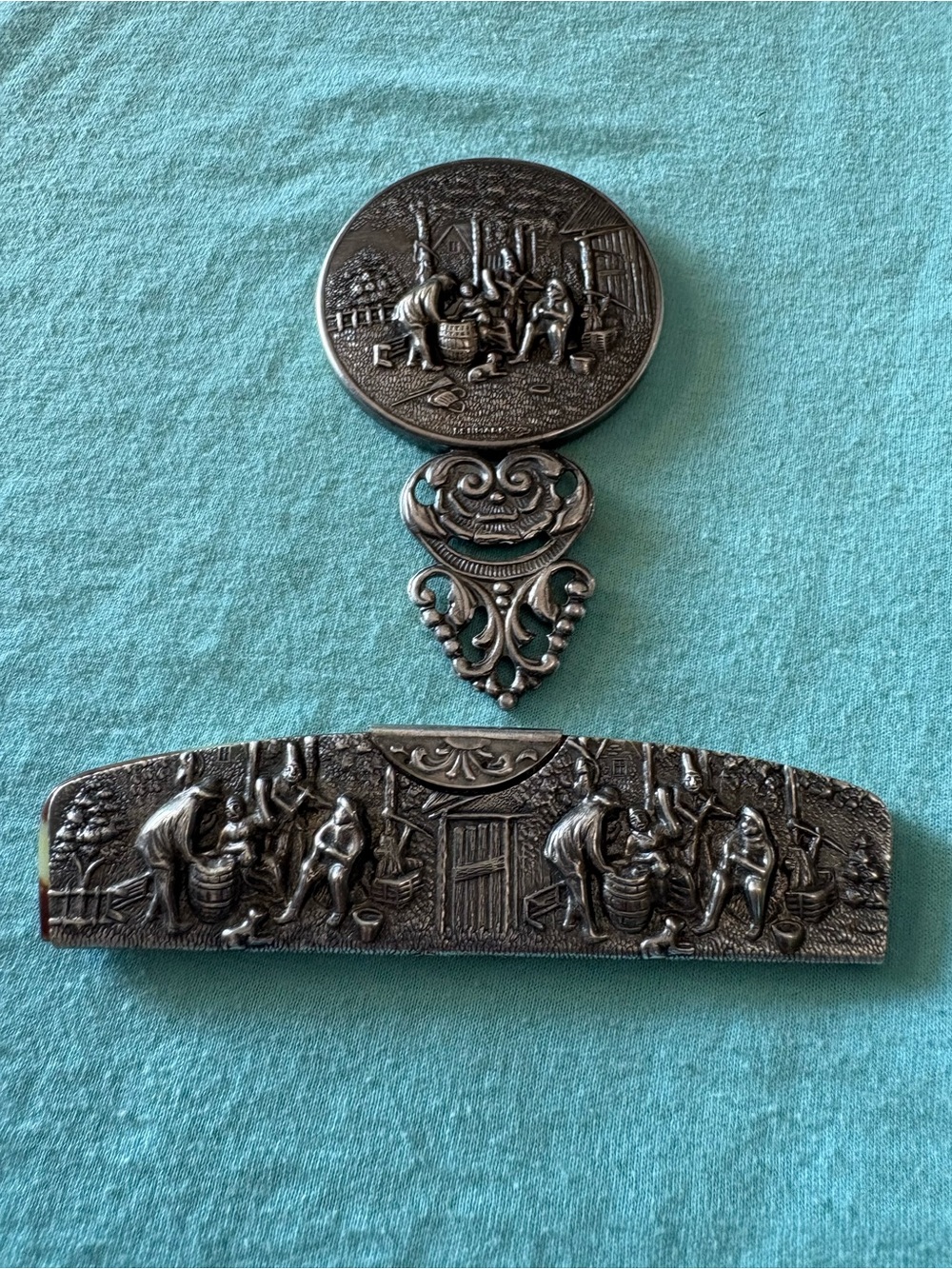 Vintage Souvenir Pewter Comb with case & mirror